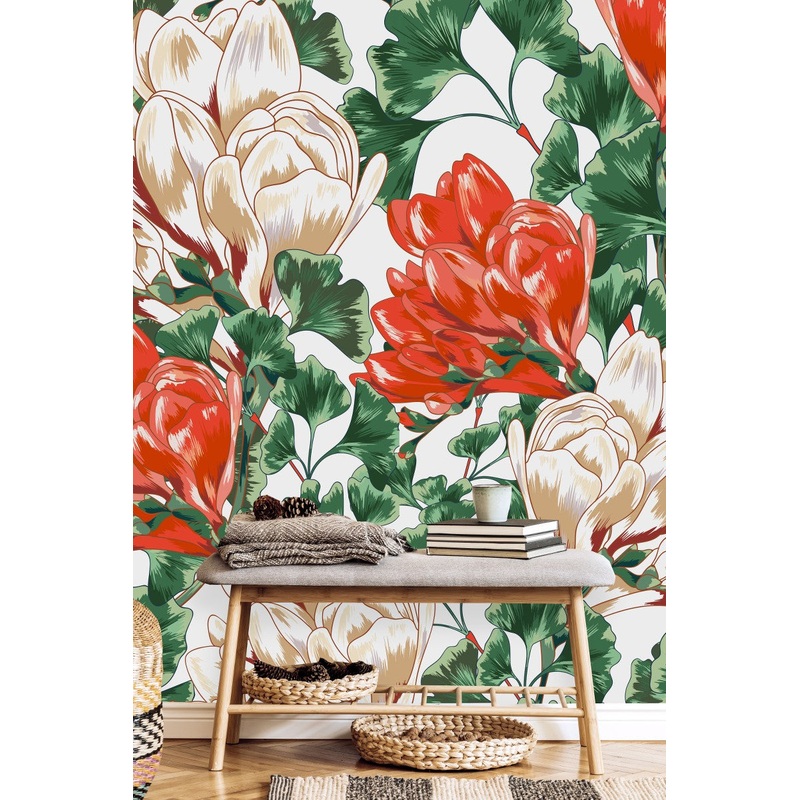 Beige and Red Flowers Wallpaper