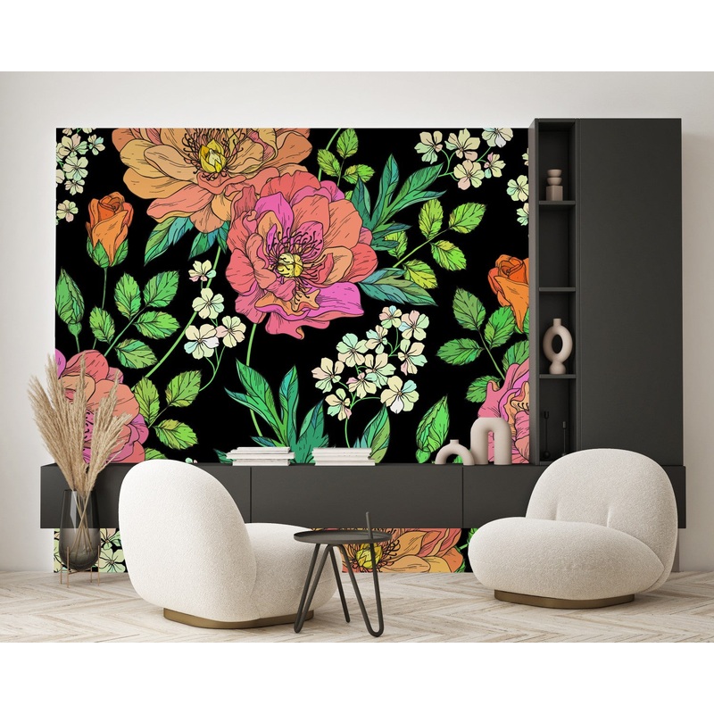 Black Wallpaper with Brightly Flowers