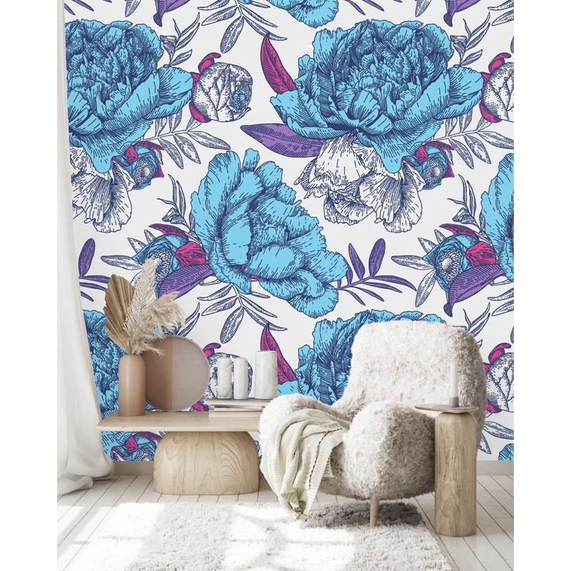Blue Large Peonies Wallpaper