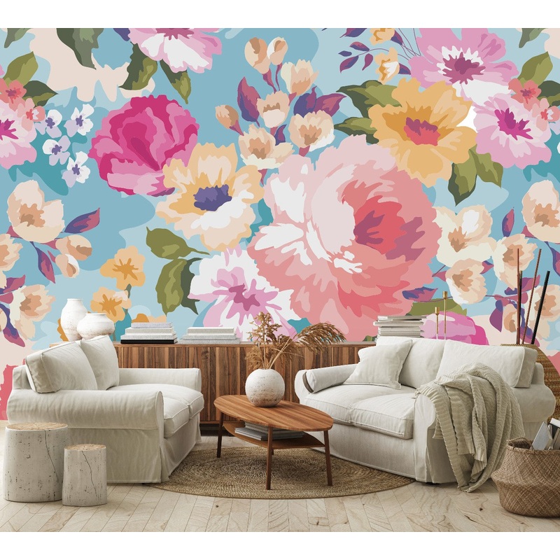 Blue Wallpaper with Flowers Pattern