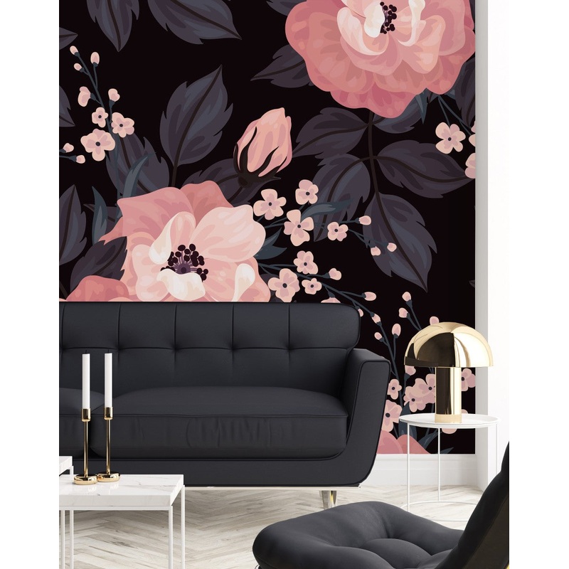 Contemporary Dark Wallpaper with Pink Flowers