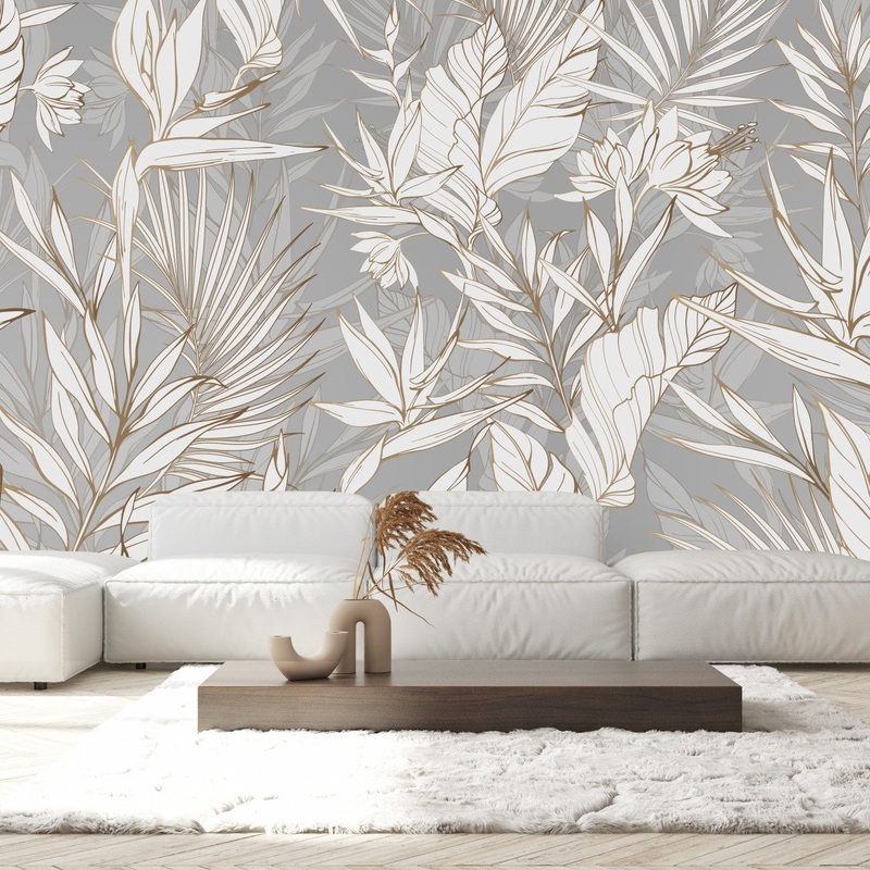Grey Wallpaper with Leaves