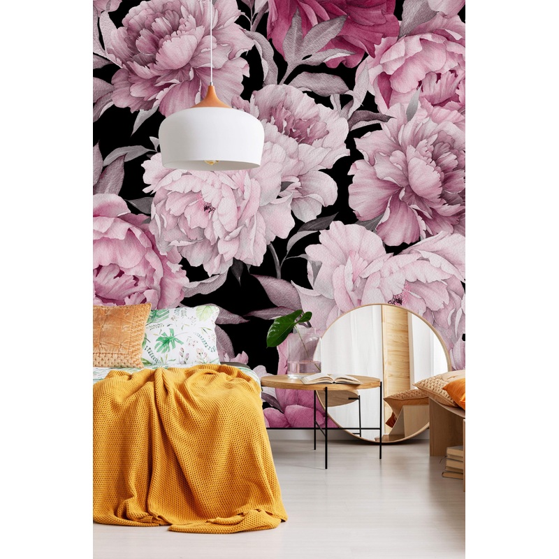 Pink Peony on Black Background Wallpaper Mural