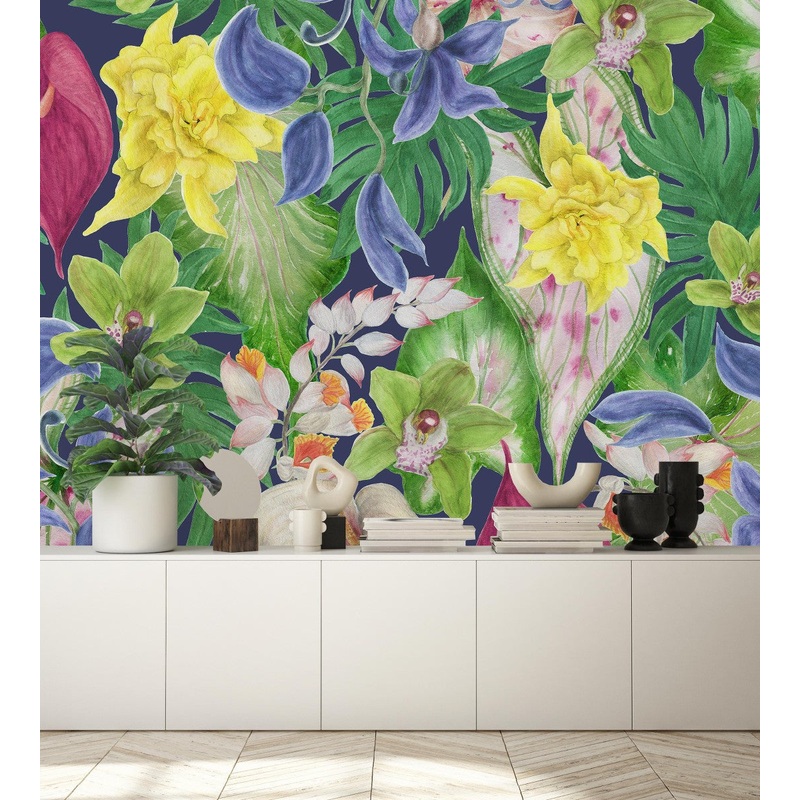 Voguish Modern Dark Blue Wallpaper with Flowers