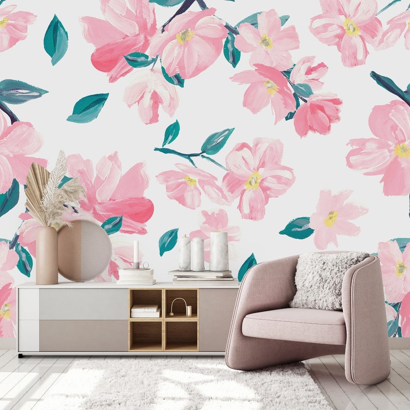 Voguish Modern Pink Flowers Wallpaper