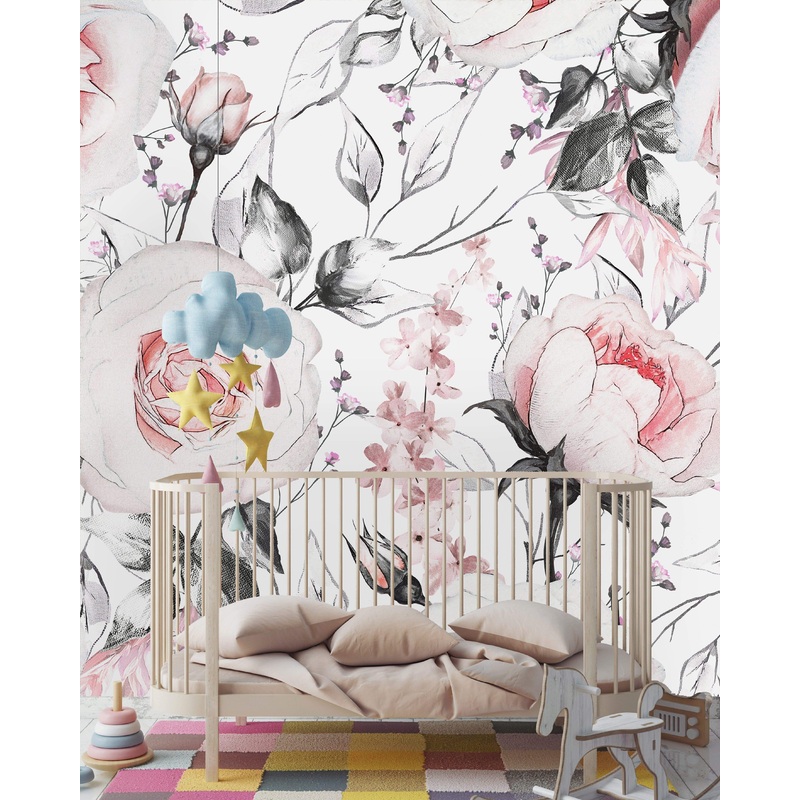 Watercolor Vintage Floral Art Pink Flowers and Leaves on White Background Wallpaper Mural