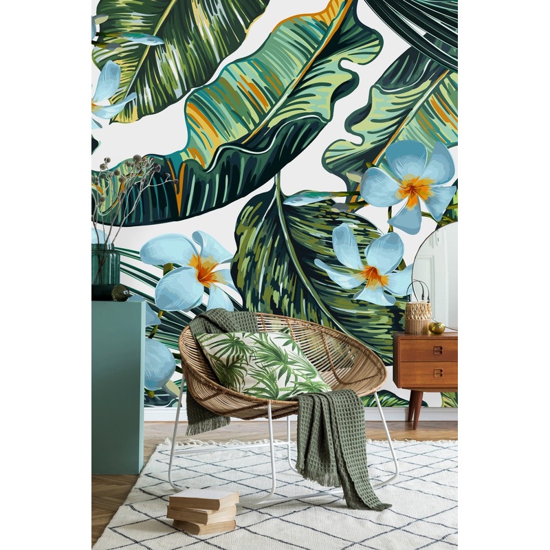 White Wallpaper with Palm Leaves and Flowers