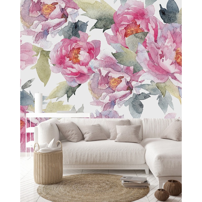 White Wallpaper with Pink Peonies