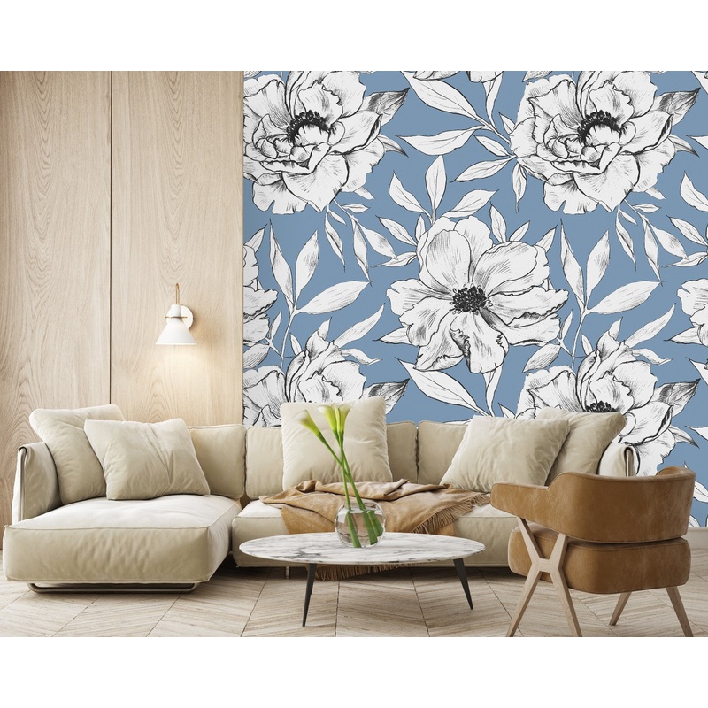 Blue Wallpaper with White Flowers