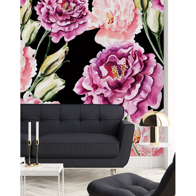 Fashionable Black Wallpaper with Pink Flowers