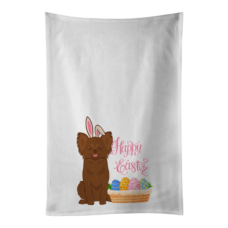 Longhaired Chocolate Chihuahua Easter White Kitchen Towel Set of 2 Dish Towels