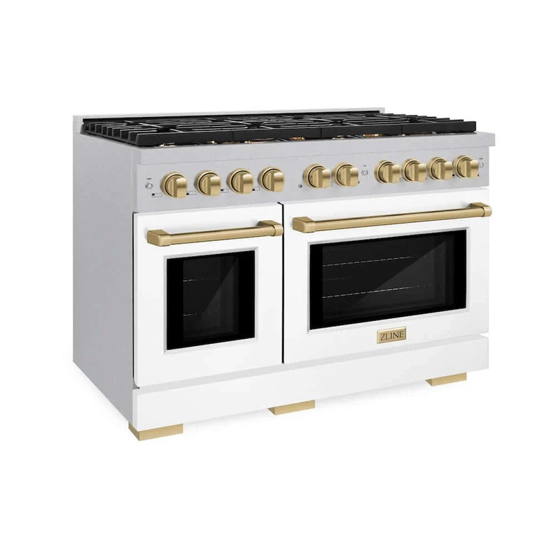 ZLINE 48"Gas Range, Convection Gas Oven, DuraSnow White Matte, Champagne Bronze SGRSZ-WM-48-CB
