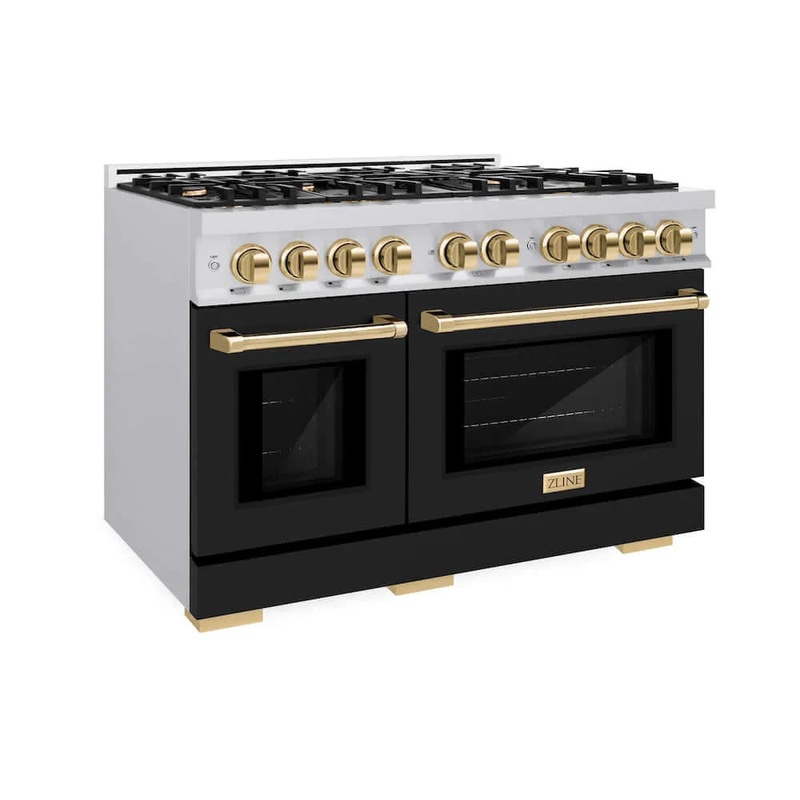 ZLINE 48" Select Gas Range Convection Gas Oven Stainless Steel Black Matte Doors Gold HGRZ-BLM-48-G