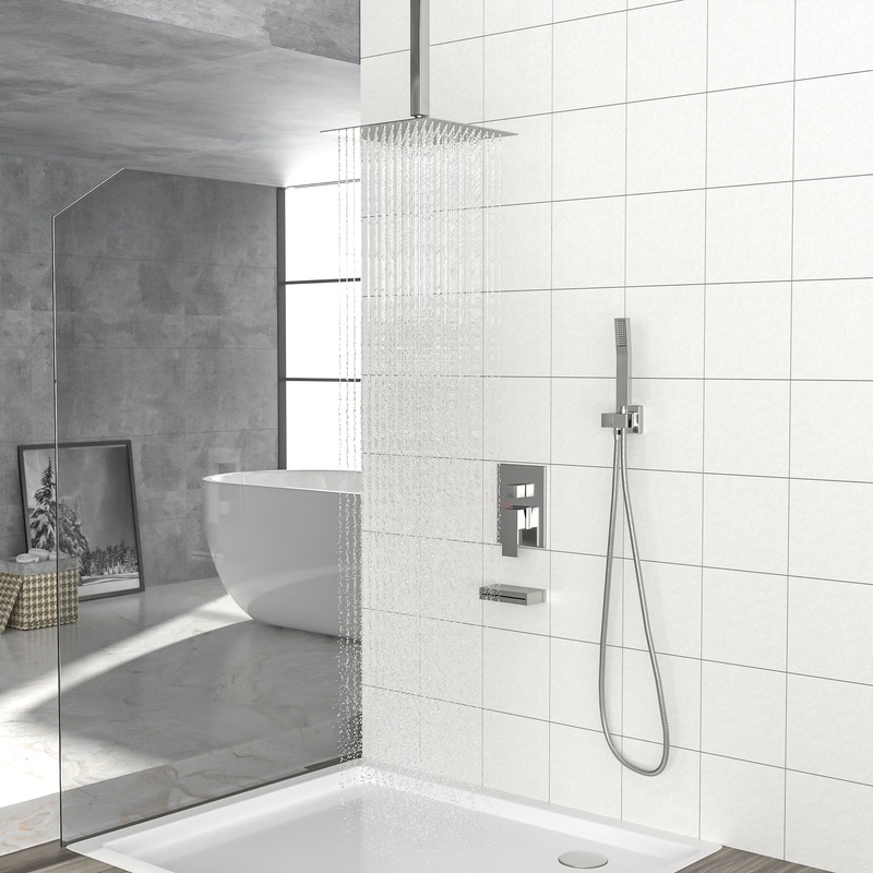12" Rain Shower Head Systems with Waterfall Tub Spout, Brushed Nickel, Ceiling Mounted shower
