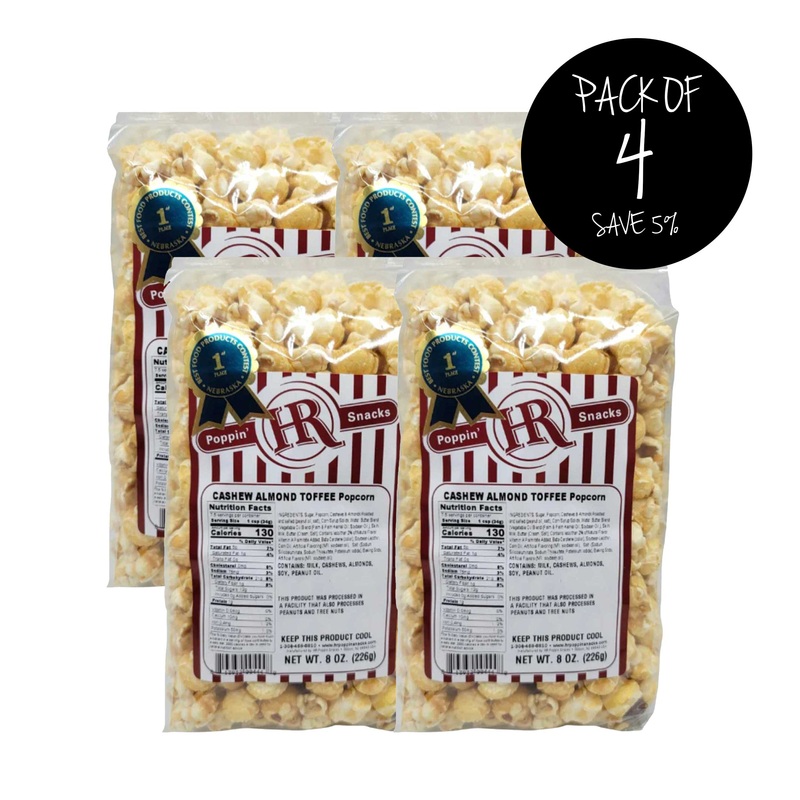 Cashew Almond Toffee Popcorn | Pack of 4 | 8 oz | HR Poppin' Snacks