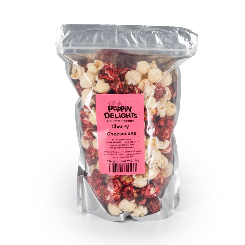 Cherry Cheesecake Popcorn | 8 oz. | Cherry Cheesecake Popcorn | 8 oz. | Cherry & Cheesecake Medley | Gourmet | Poppin' Delights | Made in Norfolk, NE