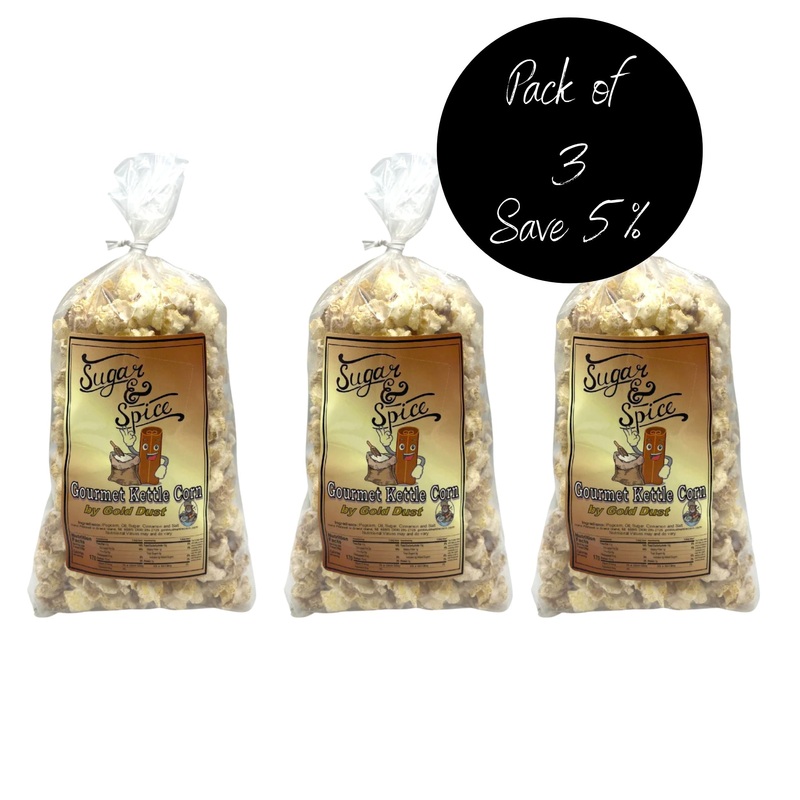 Cinnamon and Sugar Kettle Corn | Pack of 3 | 2 oz | Non-GMO | Gold Dust Kettle Corn