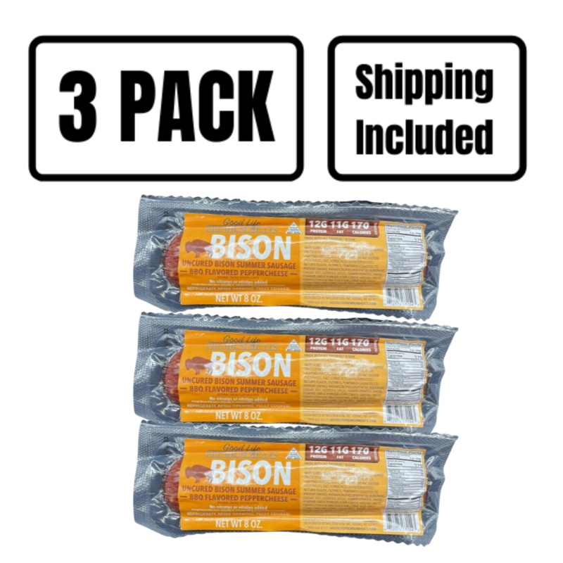 Bison BBQ Peppercheese Summer Sausage | Pack of 3 | 7-8 oz | Shipping Included | Nebraska Bison