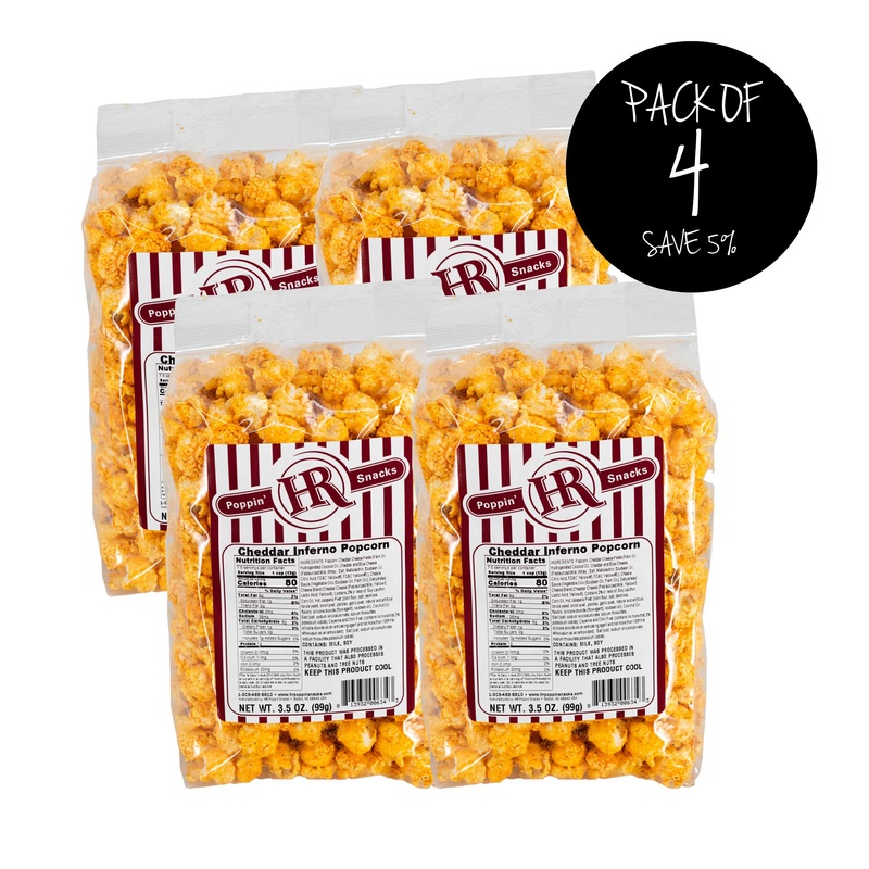 Cheddar Inferno Popcorn | Pack of 4 | 3.5 oz | HR Poppin' Snacks