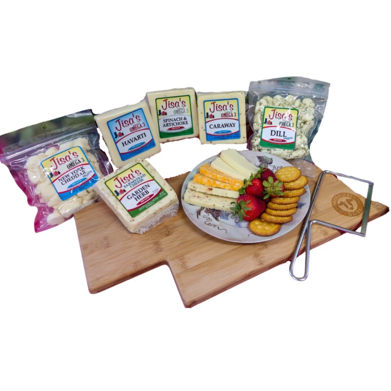 Cheese 6 Piece Sampler | Cheddar, Garden Herb, Havarti, Spinach & Artichoke, Caraway, Dill | Jisa's Farmstead Cheese