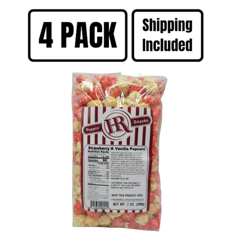 Strawberry & Vanilla Popcorn | Pack of 4 | 7 oz | Shipping Included | HR Poppin' Snacks