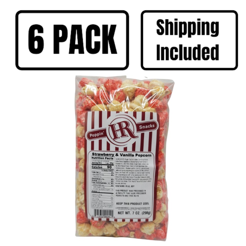 Strawberry & Vanilla Popcorn | Pack of 6 | 7 oz | Shipping Included | HR Poppin' Snacks