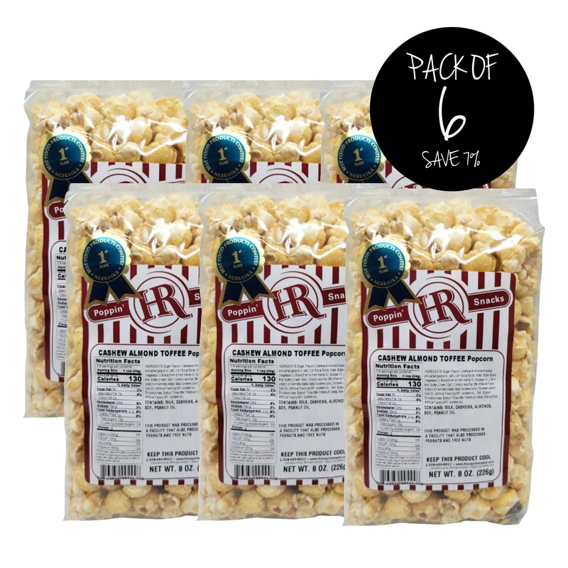 Cashew Almond Toffee Popcorn | Pack of 6 | 8 oz | HR Poppin' Snacks