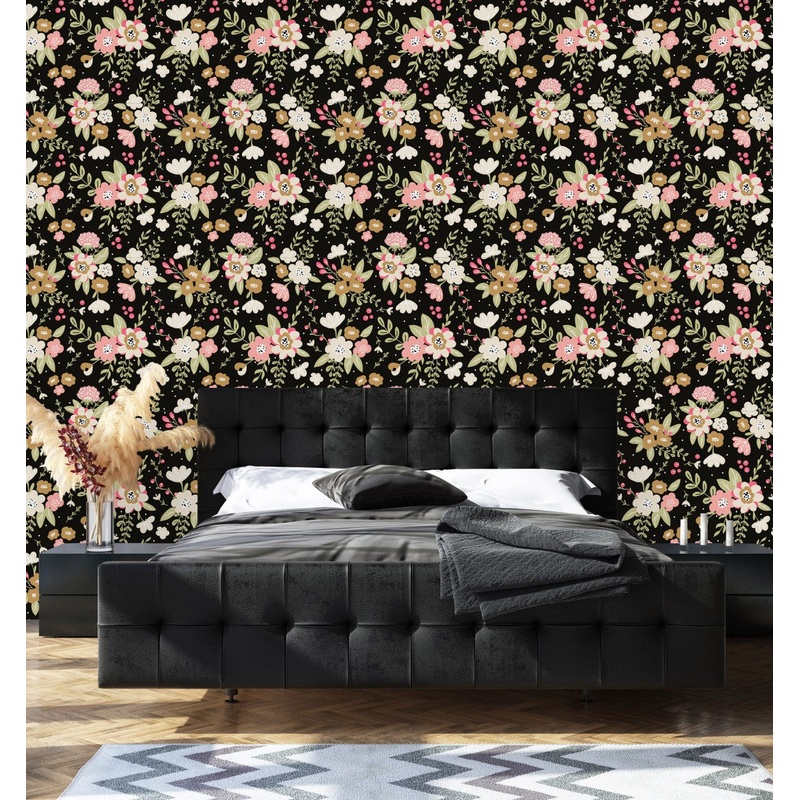 Black Floral Brightly Wallpaper