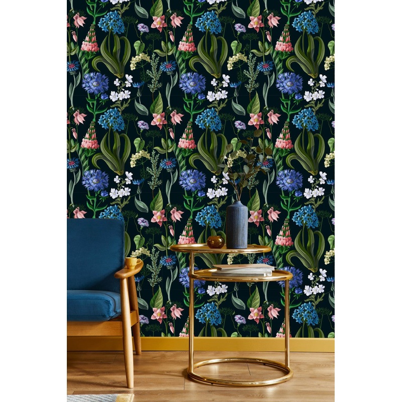 Blue Flowers on Black Background Wallpaper