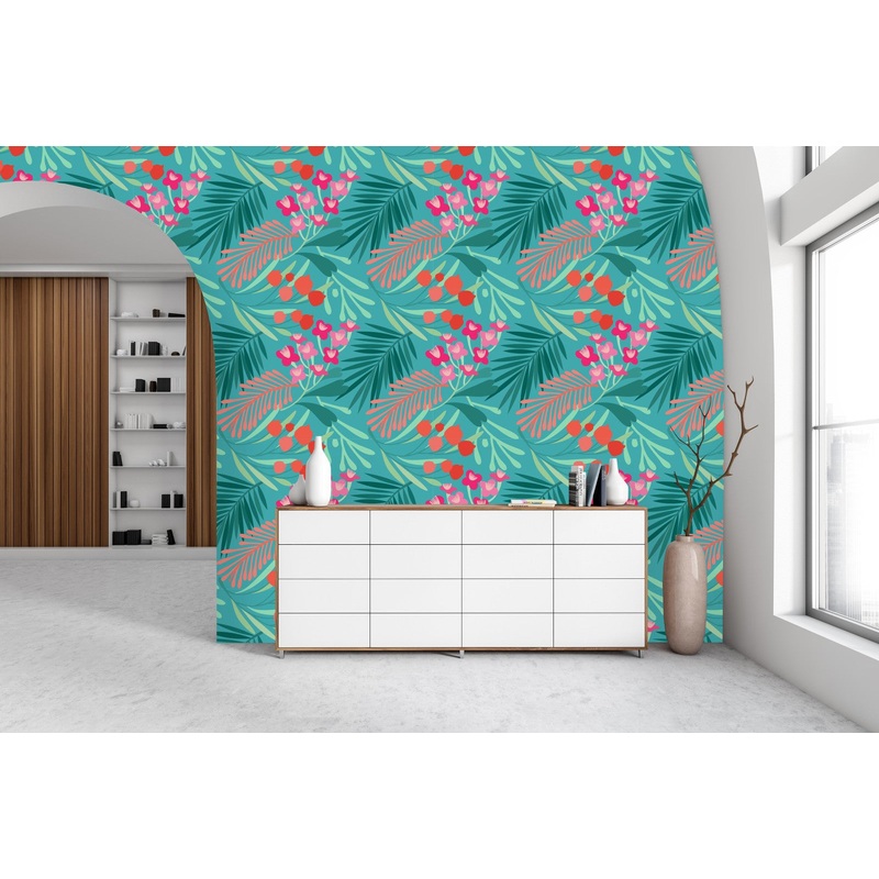 Brightly Flowers and Leaves Pattern Wallpaper