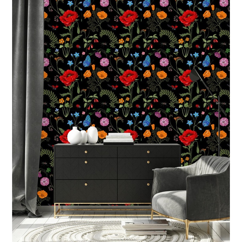 Contemporary Dark Floral Wallpaper Fashionable Quality