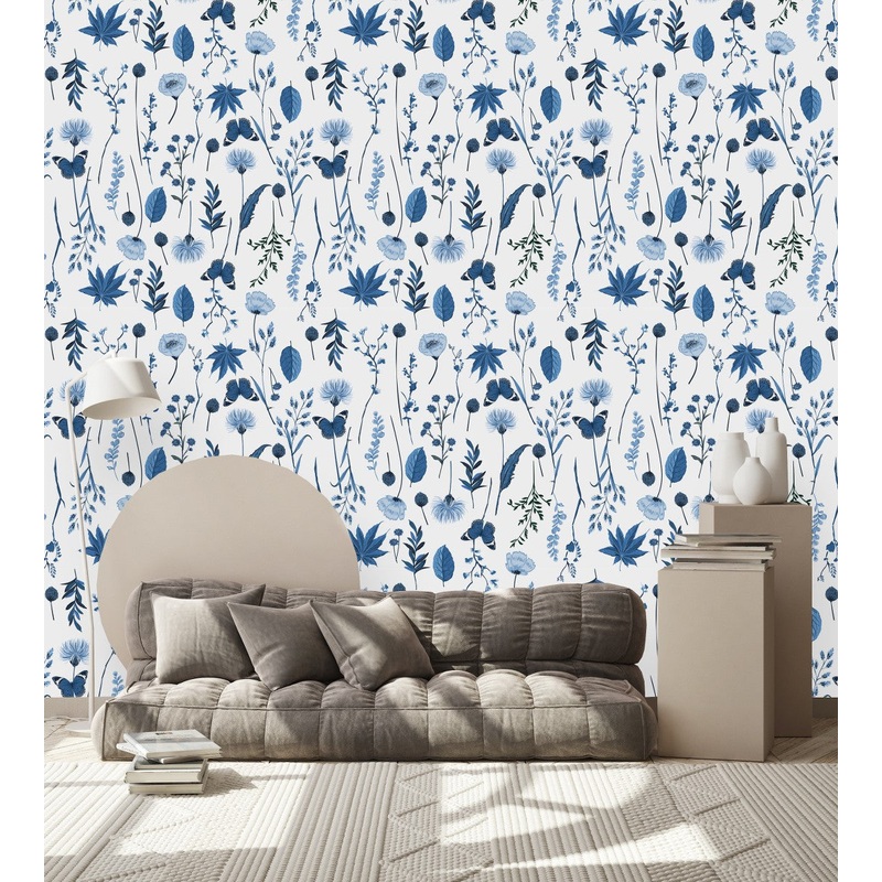 Blue Flowers and Batterflies Wallpaper