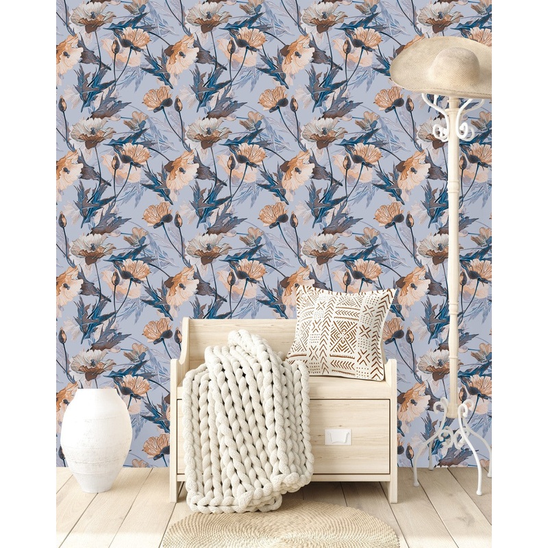 Blue Wallpaper with Beige Flowers