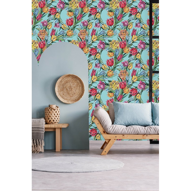 Blue Wallpaper with Tulips