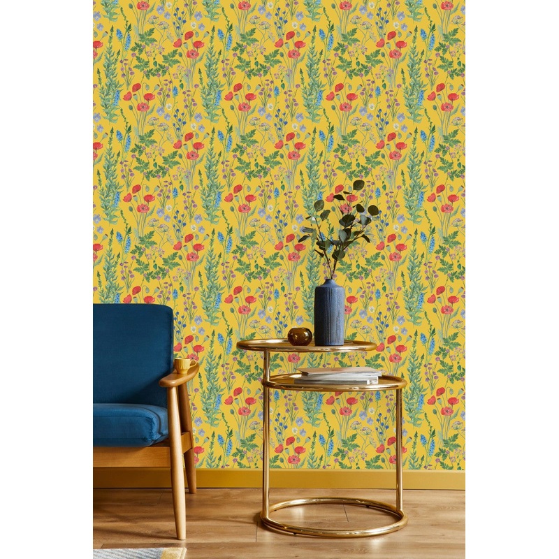 Brightly Yellow Wallpaper with Wildflowers