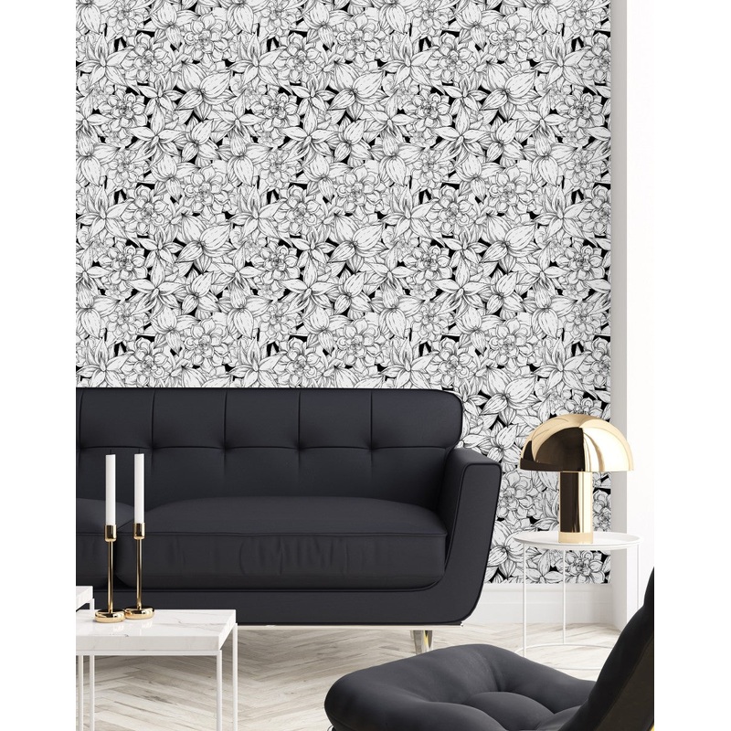 Contemporary Black and White Floral Wallpaper Smart