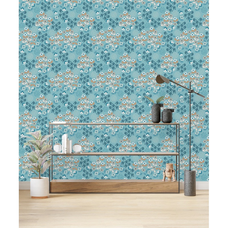 Blue Floral Wallpaper with Berries