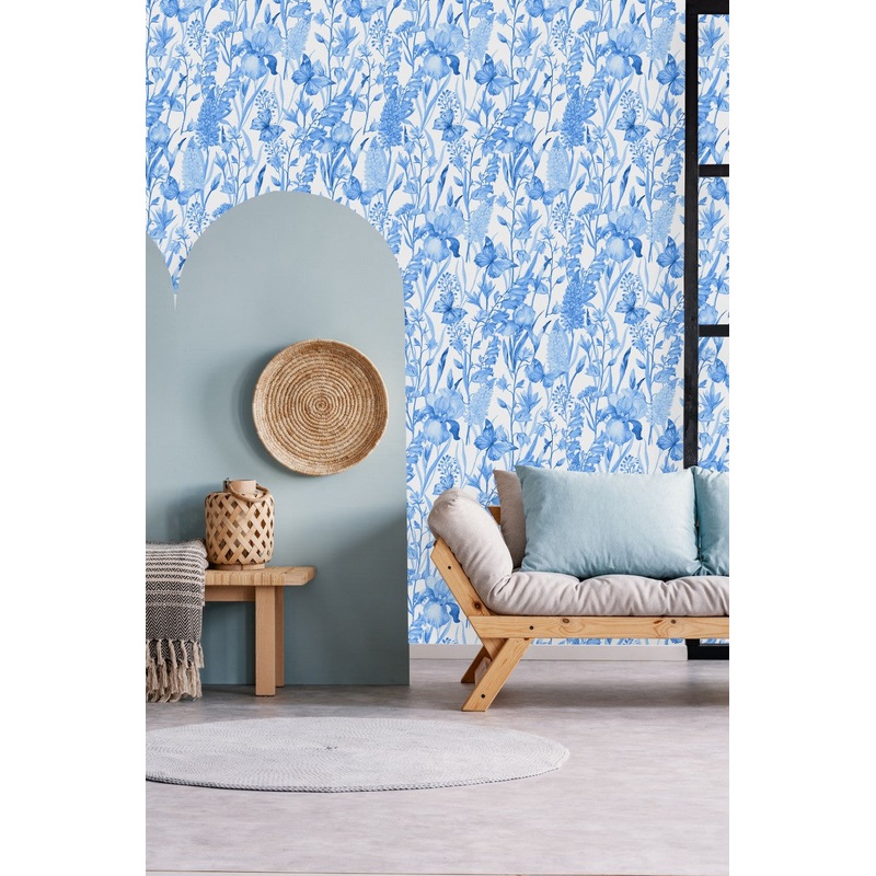 Blue Flowers and Butterflies Wallpaper