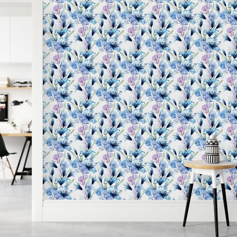 Blue Flowers and Leaves Wallpaper