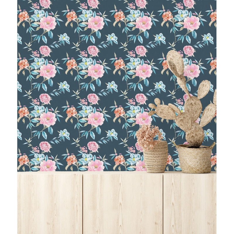 Blue Wallpaper with Pink Roses