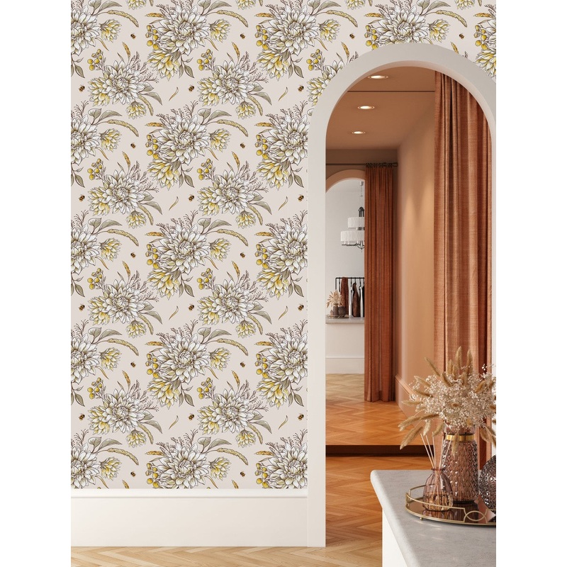Contemporary Beige Floral Wallpaper Smart Select