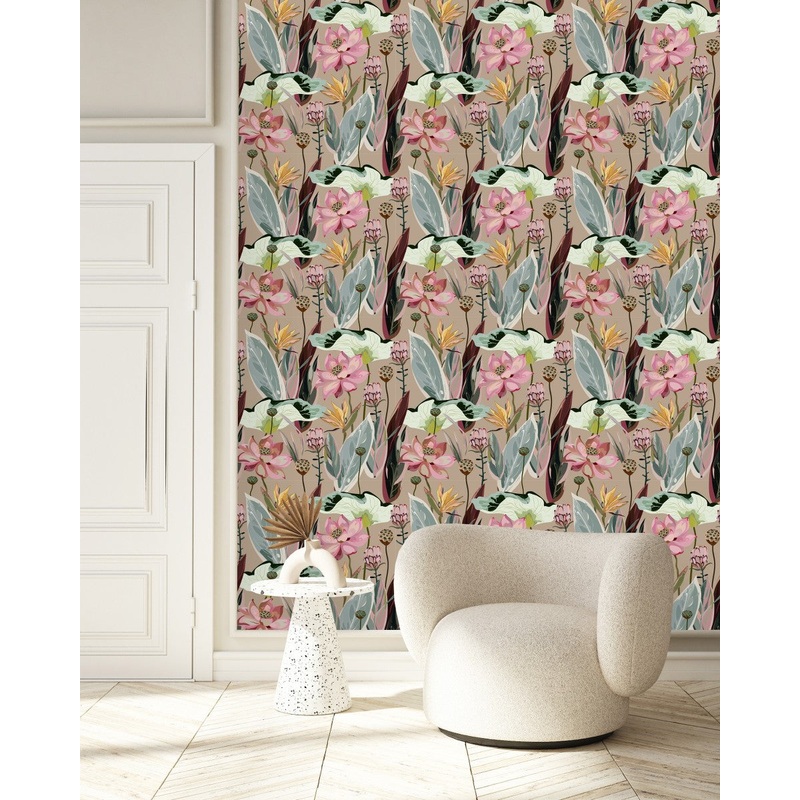 Contemporary Beige Floral Wallpaper Chic