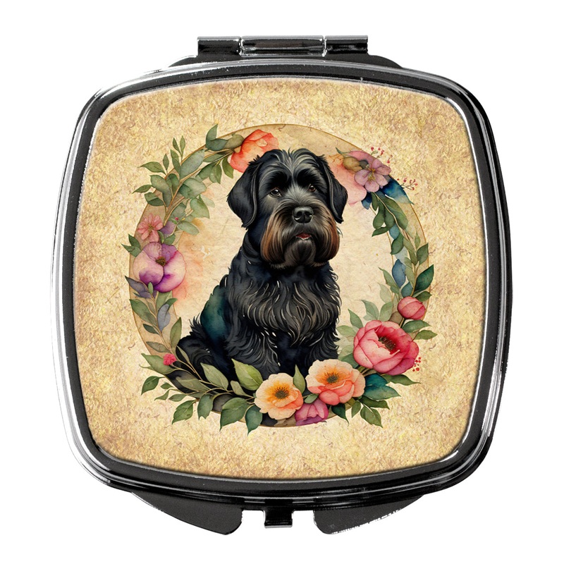Black Russian Terrier and Flowers Compact Mirror  Stylish Purse Mirror with Artistic Covers