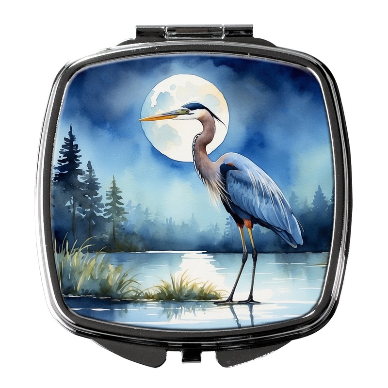 Blue Heron Under the Moonlight Compact Mirror  Stylish Purse Mirror with Artistic Covers