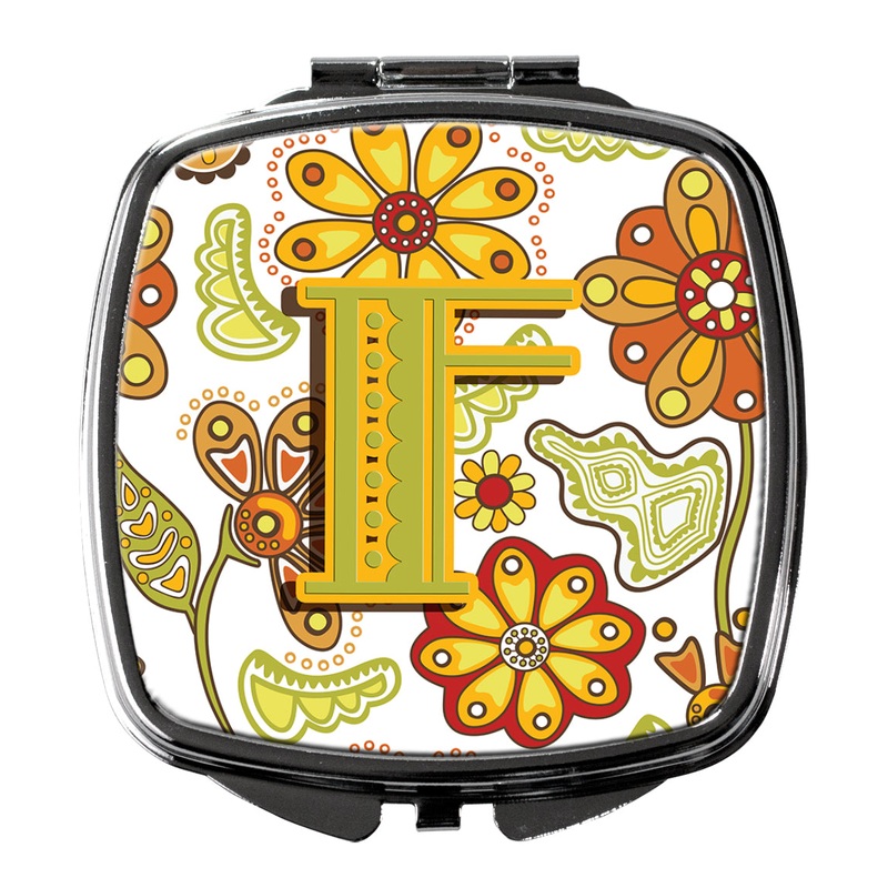 Letter F Floral Mustard and Green Compact Mirror  Stylish Purse Mirror with Artistic Covers CJ2003-FSCM