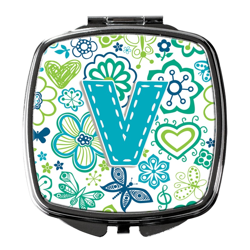 Letter V Flowers and Butterflies Teal Blue Compact Mirror  Stylish Purse Mirror with Artistic Covers CJ2006-VSCM