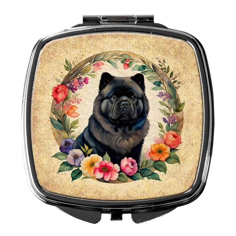 Black Chow Chow and Flowers Compact Mirror  Stylish Purse Mirror with Artistic Covers