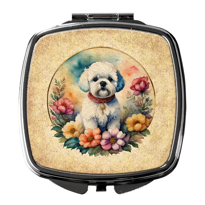 Bichon Frise and Flowers Compact Mirror  Stylish Purse Mirror with Artistic Covers