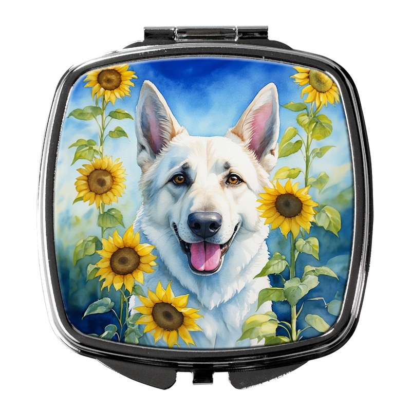 White German Shepherd in Sunflowers Compact Mirror  Stylish Purse Mirror with Artistic Covers