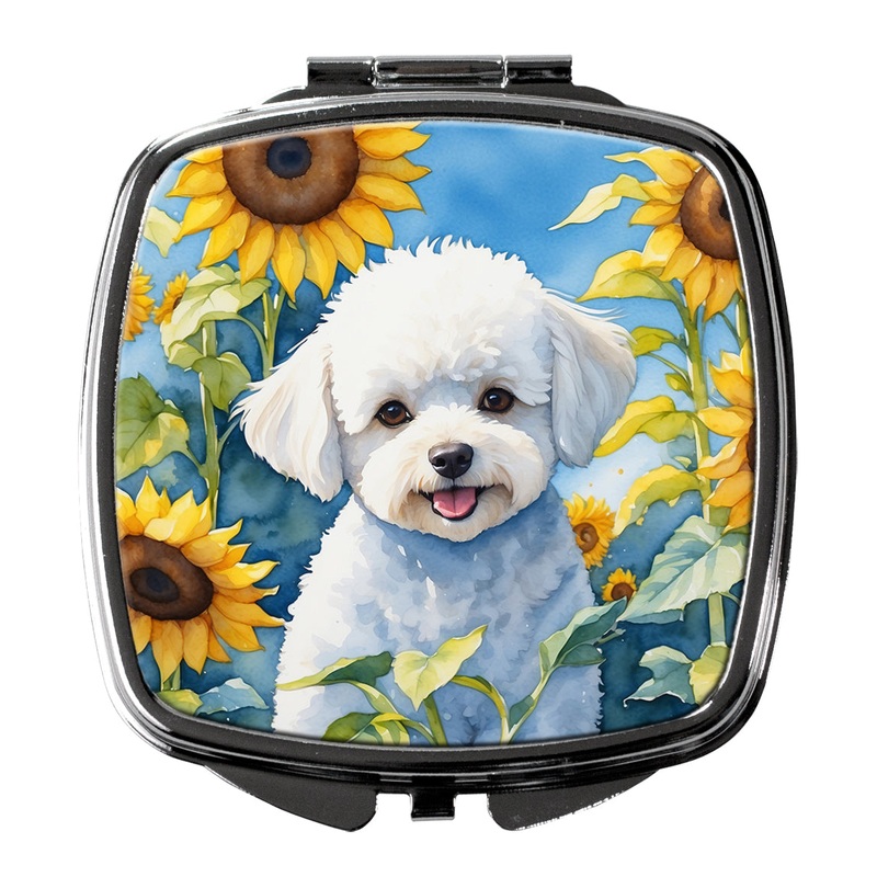 Bichon Frise in Sunflowers Compact Mirror  Stylish Purse Mirror with Artistic Covers